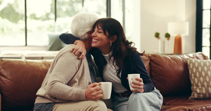 Home, hug and mother with adult daughter, love and bonding together in living room. Apartment, family and parent on couch, support and embrace with happiness, care and trust with coffee and smile