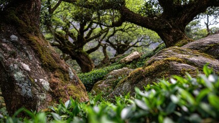 Ancient trees with twisted branches tower over a thriving carpet of green plants, creating a serene and vibrant forest landscape bathed in warm sunlight.