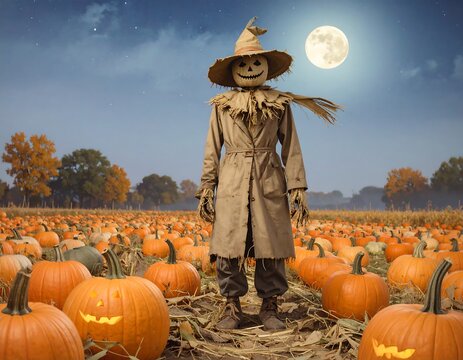 Scarecrow in a pumpkin patch at night