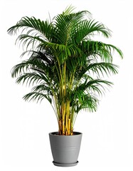 Obraz premium A lush, green potted palm tree with slender, yellow-tinged stems, vibrant fronds, and a grey container, isolated on a white background