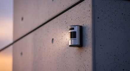 Motion sensor device mounted on an exterior concrete wall. Modern security system for home and business protection. Automation technology concept.