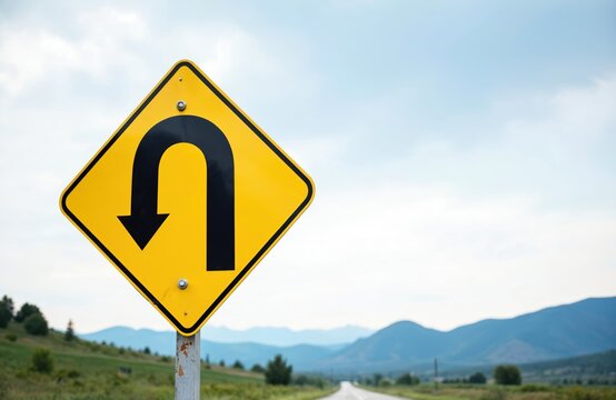 Yellow diamond U-turn traffic sign on rural road with cloudy sky. Sign indicates a permitted right turn back. Clear copy space available in background. Sign on cement pole. Mountains in distance.