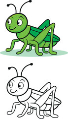 Cute cartoon grasshopper smiling sweetly with friendly eyes, a delightful insect character for children's books and educational materials in vibrant green and black outline