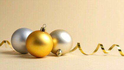 festive golden and silver christmas baubles with a golden ribbon