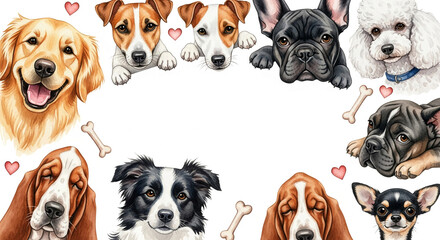 Obraz premium Watercolor illustration of various dog breeds forming a frame, leaving central space blank, with hearts and bones scattered around, perfect for Valentine's Day or pet-related designs