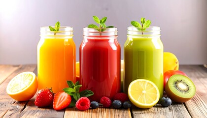 Fototapeta premium Three Mason Jars of Colorful Fruit Smoothies with Fresh Fruit Garnish