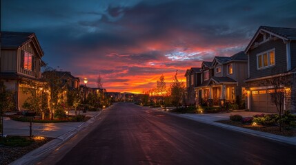 Naklejka premium A stunning sunset fills the sky with vibrant colors as it casts a warm glow on a peaceful suburban street. Illuminated homes line the road, enhancing the tranquil atmosphere.