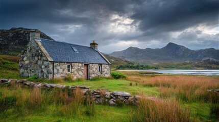 A quaint stone cottage sits amid lush greenery and rugged hills beside a calm body of water. Dark clouds loom overhead, signaling a change in weather.