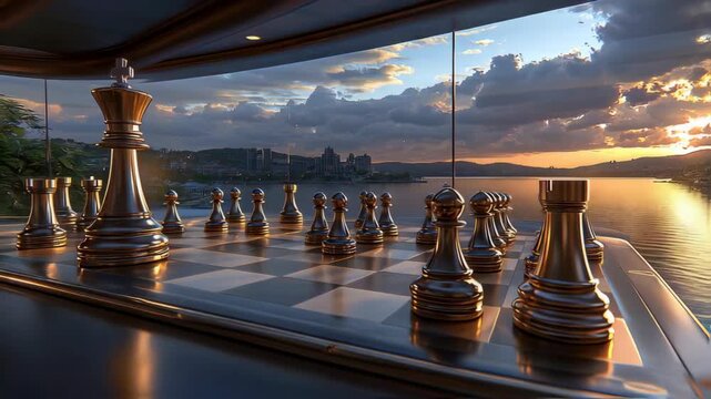 Cinematic Pan Across a Golden Chess Set Overlooking a Breathtaking Cityscape at Sunset
