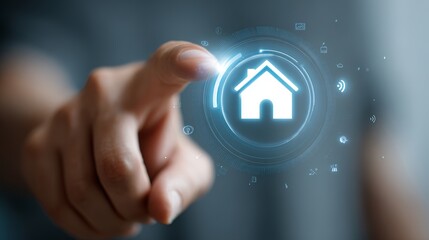Futuristic smart home technology interface activated by a human finger, symbolizing control and connection.