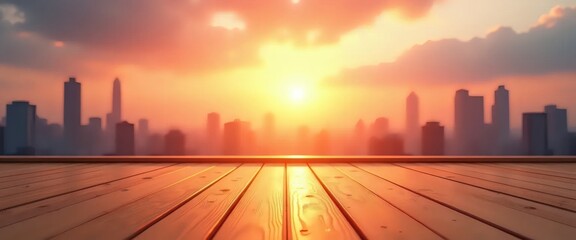 Obraz premium A wooden floor with a city skyline in the background.