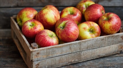 A wooden crate is filled with bright red and green apples, showcasing their fresh and vibrant colors. The rustic setting adds a charming touch to the display.