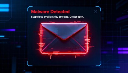 malware email notification, glowing envelope with glitch red warning, futuristic dark digital UI design