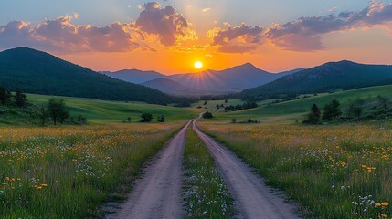 Sunset over mountain valley road