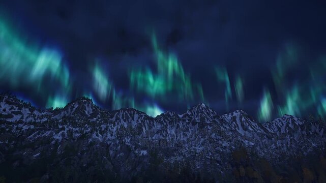 3D. Canada - Yukon - Northern lights over snow-covered mountains and forest. Side shot