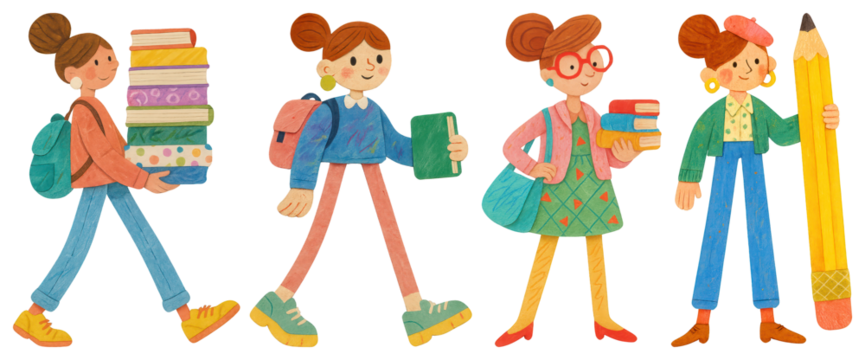 PNG Colorful students with books, element set on transparent background