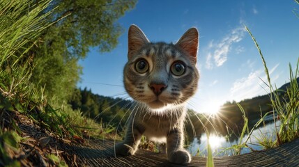 A playful cat approaches the camera near a serene lake during early morning hours. Sunlight glimmers on the water, highlighting the lush greenery surrounding the scene.