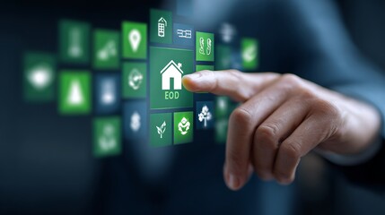 Business professional selects eco-friendly options from modern digital interface for sustainable future