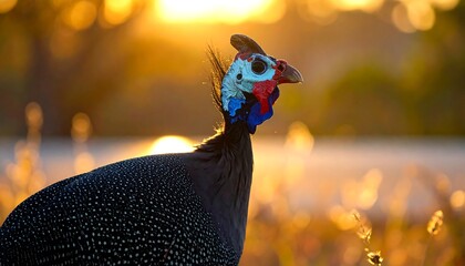 A profile view of a helmeted guineafowl, showcasing its vibrant plumage and intricate patterns against a golden sunset backdrop.