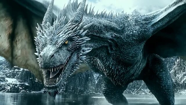Cinematic Reveal of a Mighty White Dragon in a Snowy, Mountainous Winter Landscape