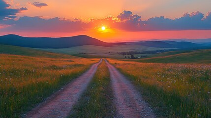 Sunset road through golden hills