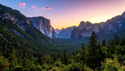 A majestic vista of Yosemite Valley at sunrise, showcasing towering granite cliffs and vibrant greenery.