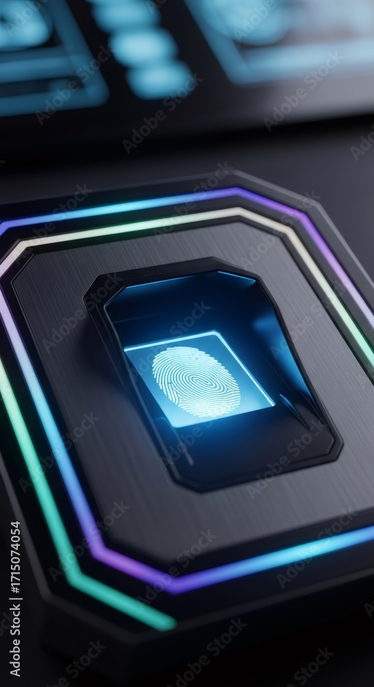 Poster biometric fingerprint scanner glowing blue. digital security system for access control and identific