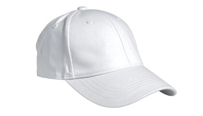 Fototapeta premium A plain white baseball cap, angled, sits against a bright white background.