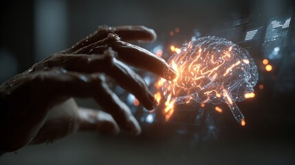 Futuristic mind interface explores glowing digital brain with data streams, inspiring innovation and intelligence.