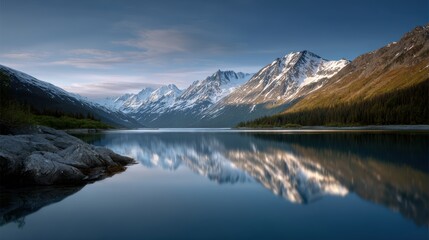 Majestic snow capped mountains reflecting in calm waters create a scenic Alaska landscape at dawn nature outdoors travel tourism