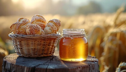 A tiny jar of honey and mini baguettes in a photorealistic macro shot.