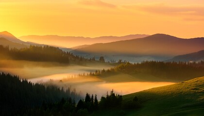 Misty Mountain Sunrise Golden Hues Bathe Rolling Hills In Ethereal Light Creating A Serene And Breathtaking Landscape Scene