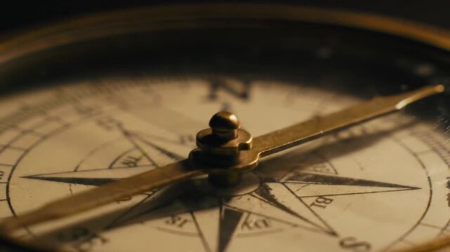 Vintage brass compass needle points direction with antique map background