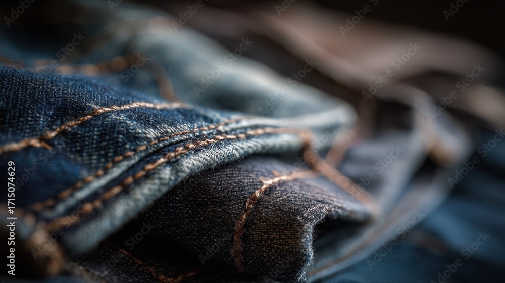 Poster Upcycled denim clothing pieces featured with visible stitching details shallow depth of field keeps main fabric crisp while ambient background fades.