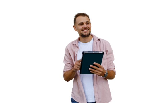 Man smiling using digital tablet for work, productivity, remote job, and online education, transparent background