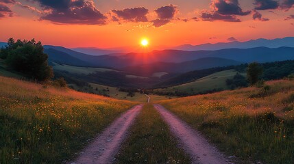 Sunset over mountain valley road