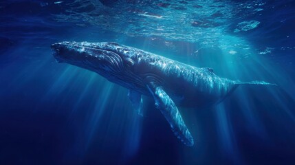 Fototapeta premium A humpback whale glides through clear ocean waters, sunlight filtering down to create an ethereal atmosphere. The whale showcases its strength and beauty in its natural habitat.