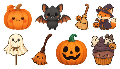 Naklejka premium PNG Cute Halloween cartoon characters collection, element set on transparent background