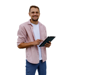 Smiling man using digital tablet for business communication, embracing mobile technology on transparent background
