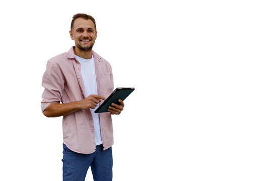 Smiling man using digital tablet for business communication, embracing mobile technology on transparent background