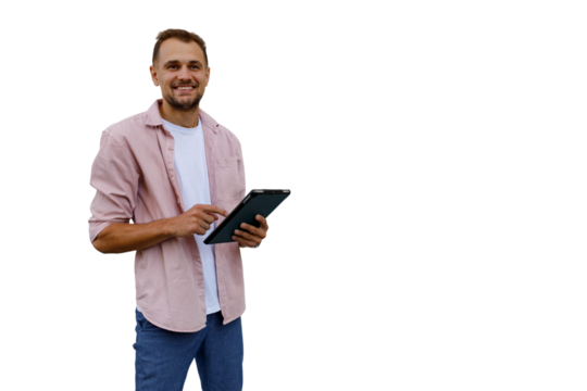 Smiling man using digital tablet for business communication, embracing mobile technology on transparent background