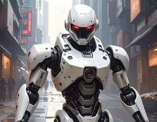 Fototapeta premium A powerful, futuristic robot stands guard in a gritty urban setting, showcasing intricate mechanical design and imposing presence.