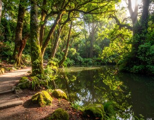 Tranquil woodland scene with a still pond reflecting lush greenery and sunlight filtering through the trees.