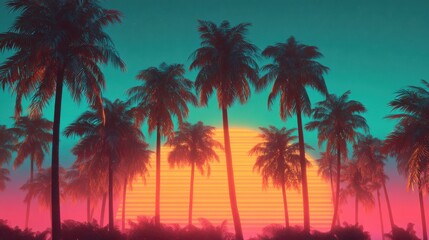 A stunning sunset is painted across the sky, displaying vibrant hues of pink, orange, and blue. Silhouetted palm trees stand tall, framing the picturesque view in a retro aesthetic.