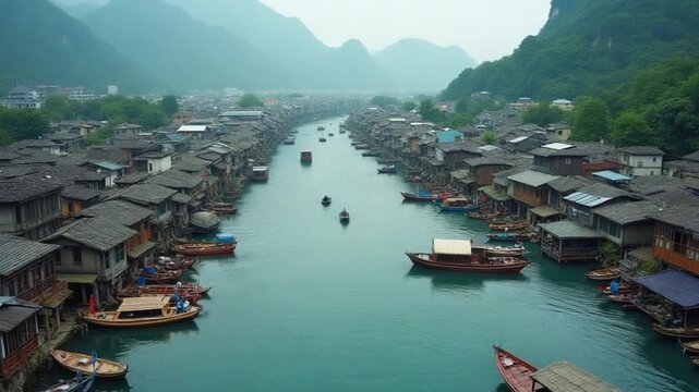 Village on the water from old boats in Hong Kong drone view