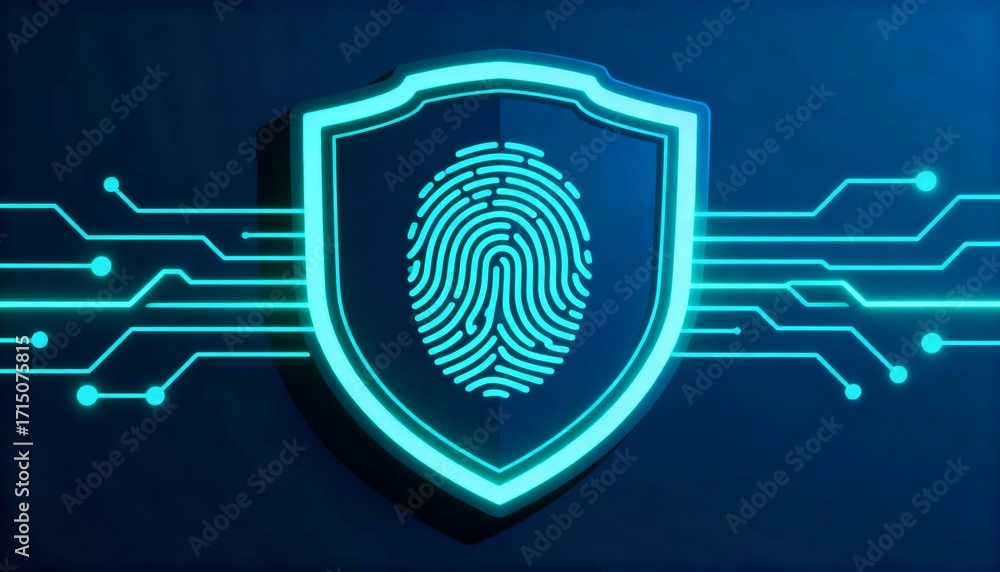 Poster shield icon with a fingerprint in the center, biometric security system interface, glowing circuits,