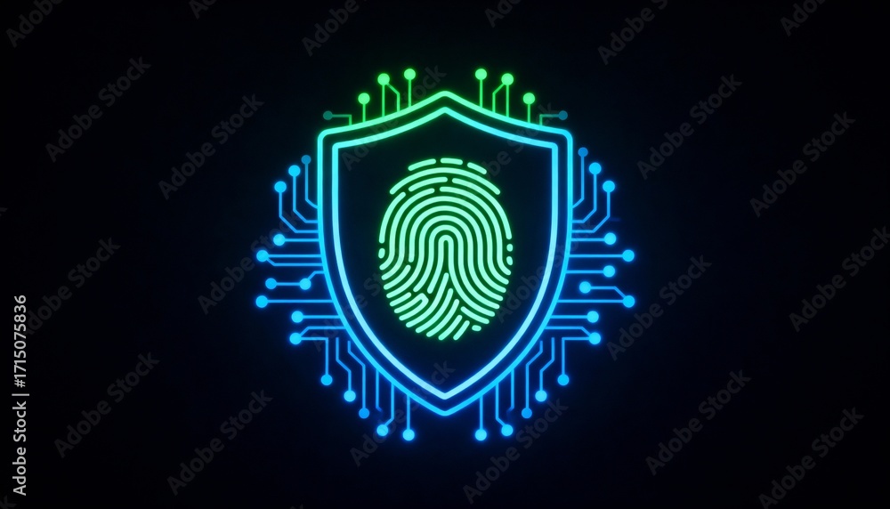 Poster shield icon with a fingerprint in the center, biometric security system interface, glowing circuits,