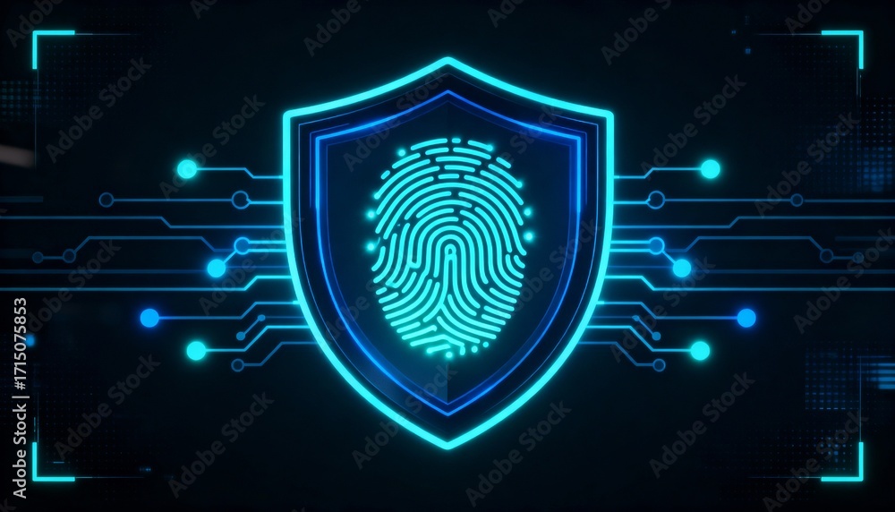 Aufkleber shield icon with a fingerprint in the center, biometric security system interface, glowing circuits,