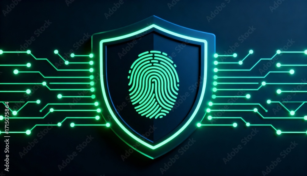 Poster shield icon with a fingerprint in the center, biometric security system interface, glowing circuits,