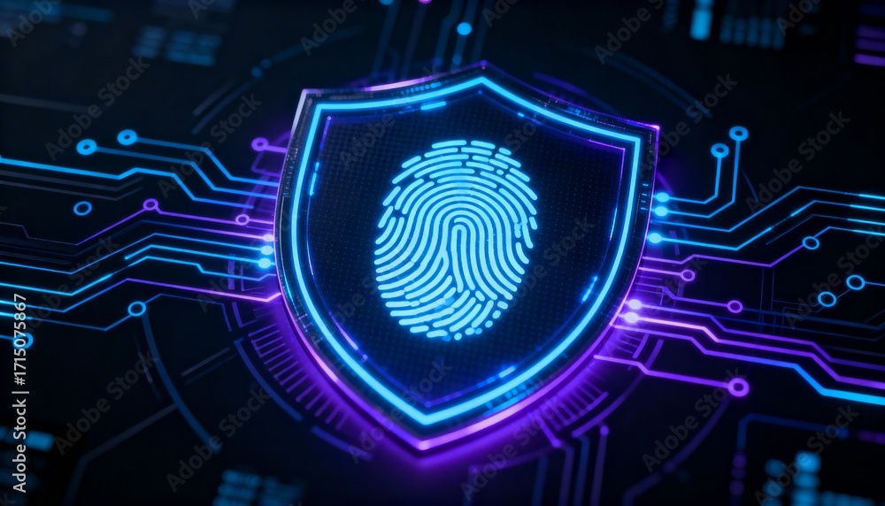 Poster shield icon with a fingerprint in the center, biometric security system interface, glowing circuits,